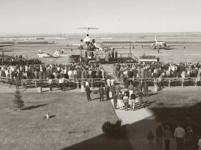 Crowds gather for the official dedication of Grant County Airport on October 8, 1966.